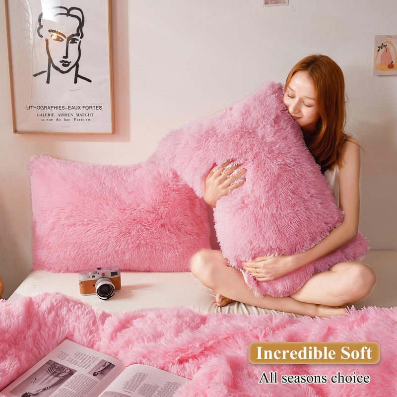 XeGe Faux Fur Throw Pillow Cases, Plush Shaggy Ultra Soft Pillow Covers, Fluffy Crystal Velvet Decorative Pillowcases, Furry Fuzzy Pillow Shams Zipper Closure, Set of 2(Standard, Light Pink) - Image 5